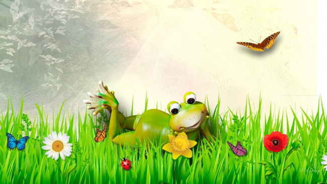 Обои картинки фото разное, компьютерный дизайн, бабочки, лягушка, цветы