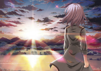 Картинка аниме seitokai+no+ichizon горы природа закат спина девушка sakurano kurimu солнце облака небо eden арт