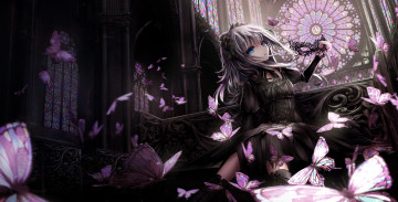 Картинка аниме unknown +другое узоры маска церковь цветные стёкла окна бабочки девушка арт apple228