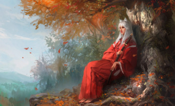 Картинка аниме inuyasha арт уши листья природа меч дерево female version