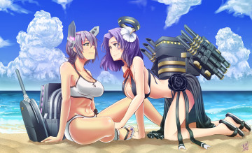 Картинка аниме kantai+collection девушки облака небо арт shao newton tenryuu kancolle море песок пляж лето tatsuta kantai collection