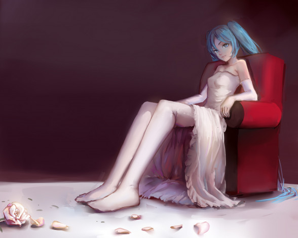 Обои картинки фото аниме, vocaloid, взгляд, арт, sishenfan, hatsune, miku, сидит, девушка, лепестки, цветок, роза