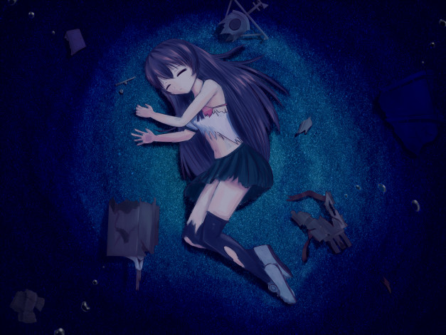 Обои картинки фото аниме, kantai collection, kantai, collection, kisaragi, ночь, песок, обломки, kancolle, tagme, artist, арт, девушка