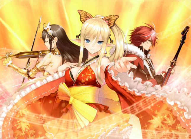 Обои картинки фото аниме, tony taka , artbook, sonia, blanche, taka, tony, арт, парень, девушки, эльф, музыкальные, инструменты, оружие, kirika, towa, alma, agnam, bulletheart, shining, resonance