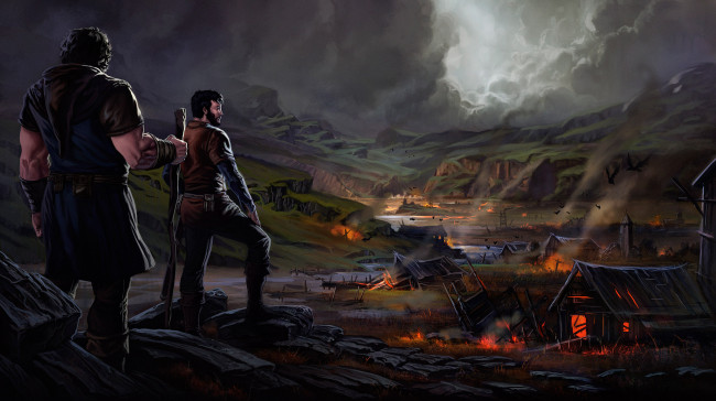 Обои картинки фото фэнтези, люди, арт, пейзаж, небо, облака, мужчины