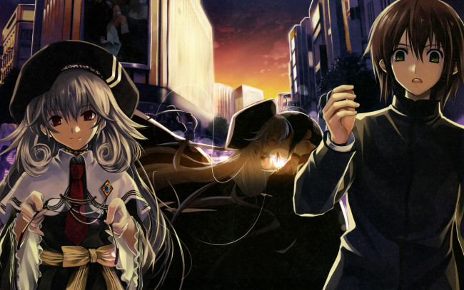 Обои картинки фото аниме, kurehito misaki , artbook, misaki, kurehito, арт, очки, закат, дома, город, boku, to, kanojo, ni, furu, yoru, sugamu, naito, iris, maria, herbust, девушка, парень