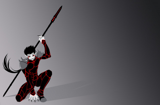 Обои картинки фото аниме, fate, stay night, улыбка, вектор, фон, взгляд, копьё, лансер, демон, арт