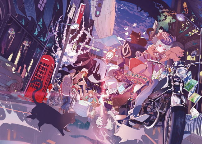 Обои картинки фото аниме, город,  улицы,  здания, дирижабль, мотоцикл, транспорт, кошки, люди, арт, hpknight