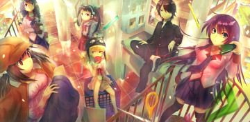 Картинка аниме bakemonogatari девушки парень