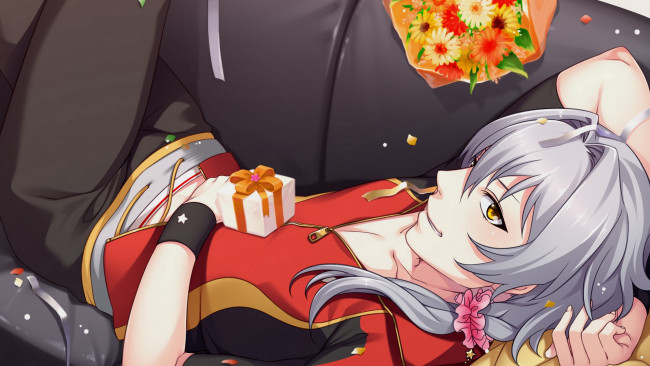 Обои картинки фото аниме, idolm@ster, парень, букет