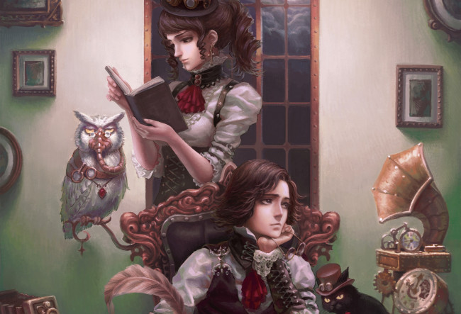 Обои картинки фото фэнтези, люди, девушка, парень, кот, сова