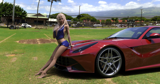 Обои картинки фото 3д графика, люди-авто, мото , people- car ,  moto, автомобиль, фон, взгляд, девушка