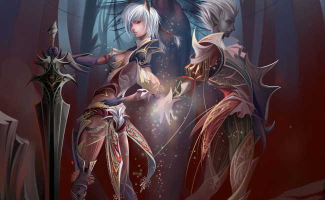 Обои картинки фото фэнтези, эльфы, девушка, парень, меч, магия