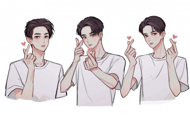 Обои картинки фото рисованное, люди, парень, сердечки, жест, футболка