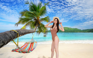 Картинка девушки -+брюнетки +шатенки пальма гамак тропики брюнетка шляпа