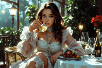 Картинка рисованное люди девушка наряд напиток кресло стол еда фонари цветы