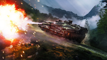 обоя видео игры, war thunder, танк, огонь, горы, дым, поле