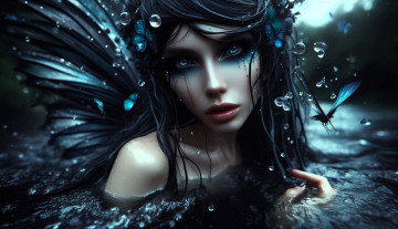 Картинка 3д+графика фантазия+ fantasy девушка капли крылья бабочка вода река