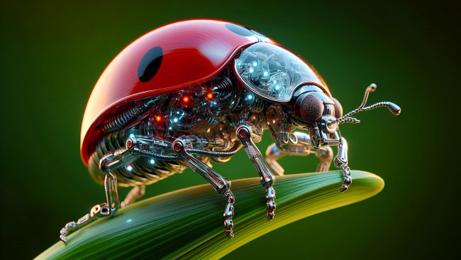 Обои картинки фото 3д графика, моделирование , modeling, божья, коровка, жучок, робот, киборг, травинка