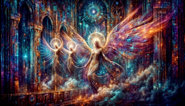 Обои картинки фото фэнтези, ангелы, девушки, храм, дым