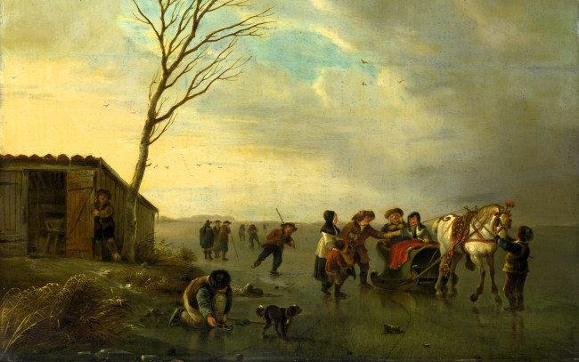 Обои картинки фото andries vermeulen - сцена на льду, рисованное, живопись, люди, дети, лошадь, сани, собака, лед, сарай, берег