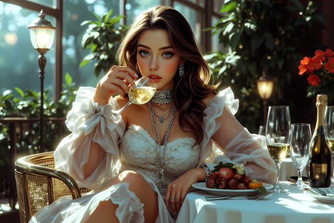 Обои картинки фото рисованное, люди, девушка, наряд, напиток, кресло, стол, еда, фонари, цветы
