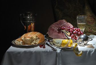 Картинка еда натюрморт хлеб виноград ветчина мясо лимон