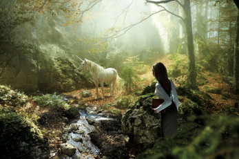 Картинка фэнтези единороги река лес единорог девушка