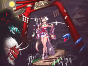 Картинка аниме angels demons ворота маска демоны девушка меч