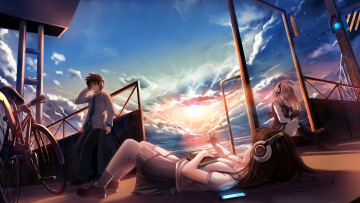 Картинка аниме headphones instrumental наушники закат школьники