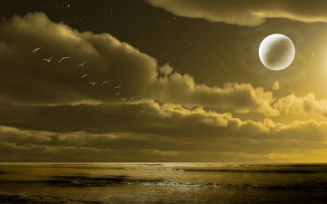 Картинка 3д графика sea undersea море птицы горизонт океан тучи планета