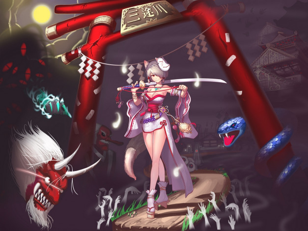 Обои картинки фото аниме, angels, demons, ворота, маска, демоны, девушка, меч