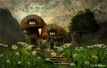 Картинка фэнтези иные+миры +иные+времена домики цветы деревья горы гребки