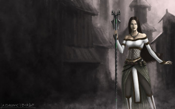 Картинка фэнтези девушки посох девушка город