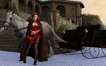 Картинка 3д+графика люди+ people лошадь сани снег взгляд девушка