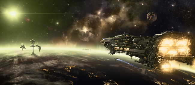 Обои картинки фото фэнтези, космические корабли,  звездолеты,  станции, полет, огни, космический, корабль, космос