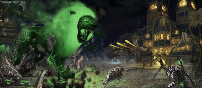 Обои картинки фото фэнтези, существа, лев, нежить, город, рыбы