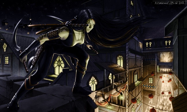 Обои картинки фото фэнтези, девушки, оружие, девушка, высота