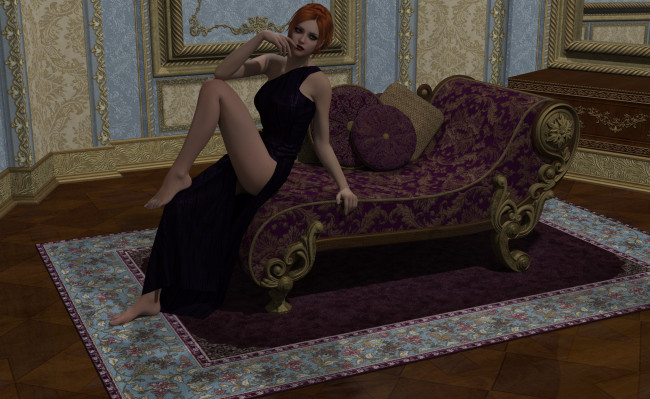 Обои картинки фото 3д графика, люди , people, девушка, диван, комната, взгляд