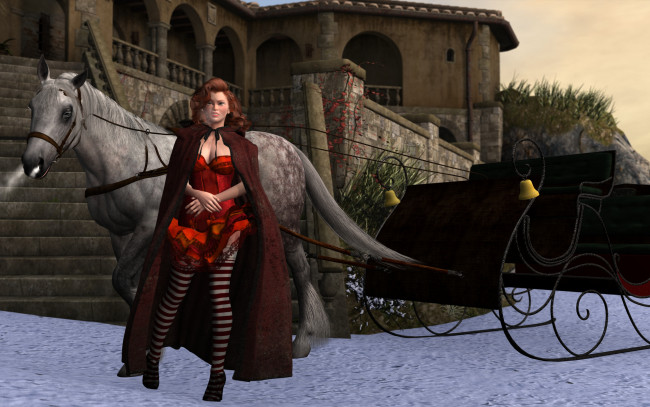 Обои картинки фото 3д графика, люди , people, лошадь, сани, снег, взгляд, девушка