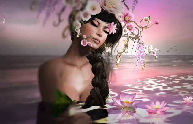 Обои картинки фото 3д графика, люди , people, венок, цветы, коса, девушка