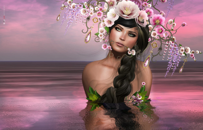Обои картинки фото 3д графика, люди , people, венок, девушка, коса, цветы
