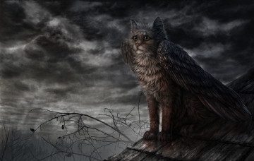 Картинка фэнтези существа крыша крылья кот существо иной мир