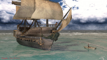 обоя 3д графика, море , sea, парусник, море