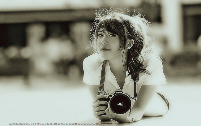 Обои картинки фото календари, компьютерный дизайн, женщина, девушка, взгляд, азиатка, 2019, фотоаппарат, calendar