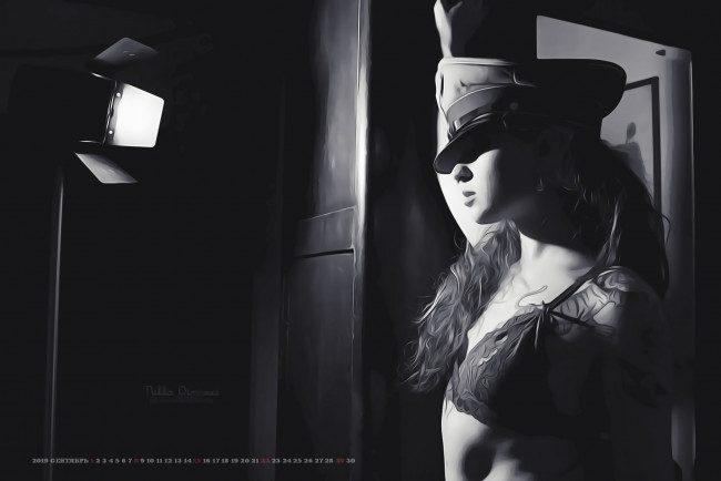 Обои картинки фото календари, компьютерный дизайн, 2019, фуражка, calendar, тату, женщина, лампа, девушка