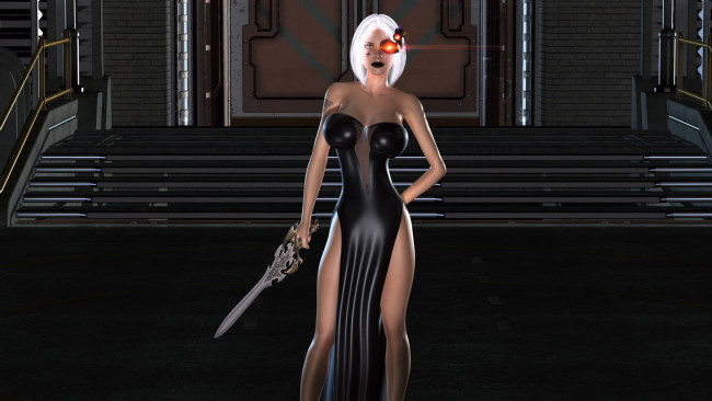 Обои картинки фото 3д графика, фантазия , fantasy, девушка, фон, взгляд, меч, платье