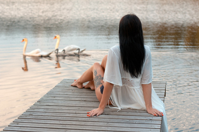 Обои картинки фото девушки, - брюнетки,  шатенки, река, мостки, тату, лебеди, брюнетка