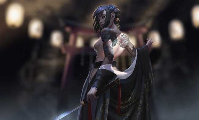 Обои картинки фото фэнтези, девушки, девушка, тату, меч