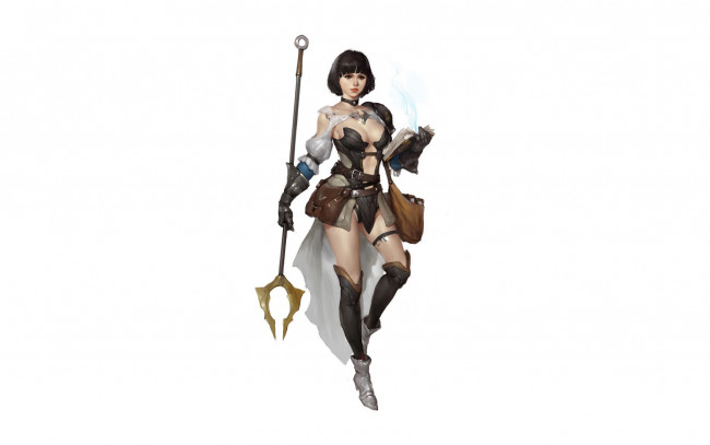 Обои картинки фото фэнтези, девушки, девушка, посох, книга, сумка, плащ